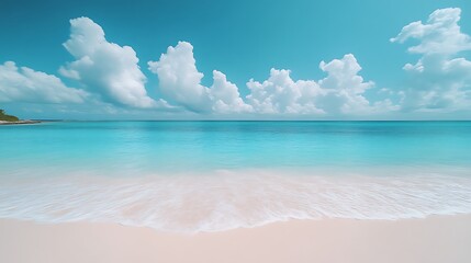 Fototapeta premium Serene Tropical Beach Scene With Blue Ocean And Fluffy Clouds