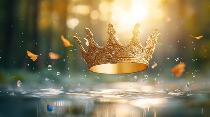 The golden crown glimmers with intricate details, showcasing a symbol of power and authority suspended in a mesmerizing and enchanting scene.