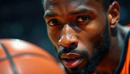 Close up portrait of a focused basketball player  intense gaze  sweat visible.