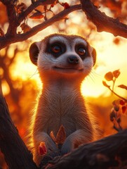 Fototapeta premium A cute meerkat perched on a branch during sunset, showcasing its playful expression.