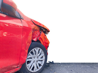 Crashed red car. Dented hood, front and fender. Transparent background with space for text.
