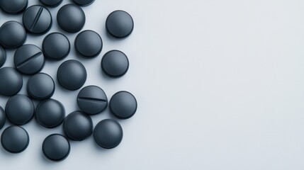 Black pills scattered on a light background, showcasing a minimalist and modern healthcare concept in a flat lay style
