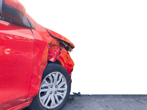 Crashed red car. Dented hood, front and fender. Transparent background with space for text.