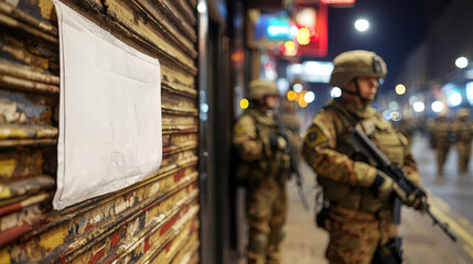 Fototapeta premium Martial Law Concept, Curfew Notice Posted on Closed Shop Door with Soldiers Standing Guard at Night in Urban Setting