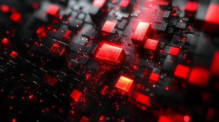 Obraz premium Abstract 3D rendering of glowing red cubes on a dark circuit board, representing technology, data, or network.