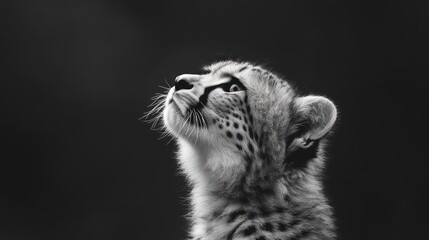 A close-up of a cheetah cub looking upwards in black and white.
