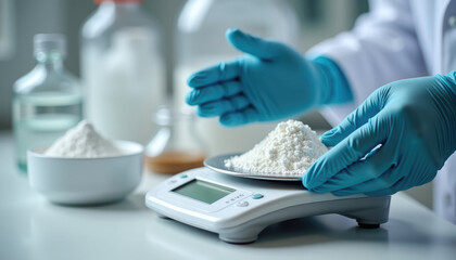 Scientist measures white powder on digital scale in lab.