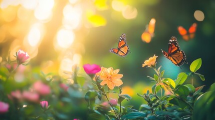 Colorful butterflies dancing among blooming flowers in a bright garden setting.