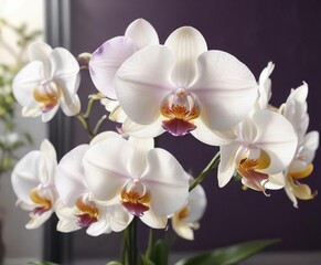 Fototapeta premium Exquisite white rare orchids with purple border and wavy petals in sunlight, blossom, exquisite
