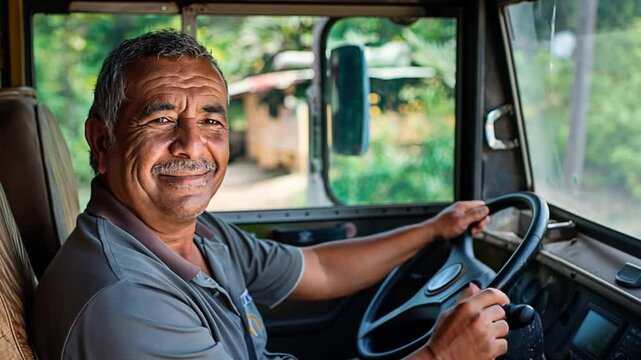 A cheerful Brazilian truck driver sitting behind the wheel with a bright smile and lush greenery outside. Concept of dedication and life on the road.