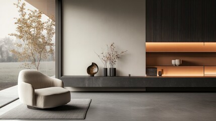 A minimalist interior featuring a cozy chair, decorative elements, and a serene outdoor view.