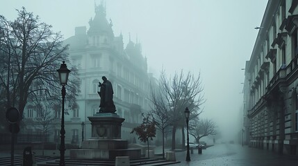 Fototapeta premium A historic boulevard with grand old buildings and statues, shrouded in fog