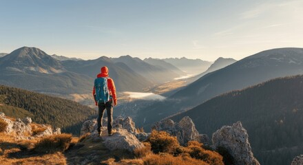 Fototapeta premium Hiker observing serene mountain valley at sunrise