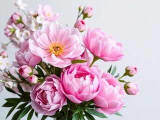 Obraz premium A beautiful arrangement of pink peonies and roses on a white background with space for text, blossoms, background, spring