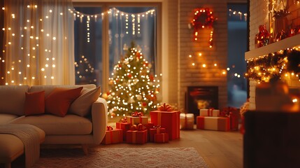 Cozy Christmas living room glowing with presents and festive decorations