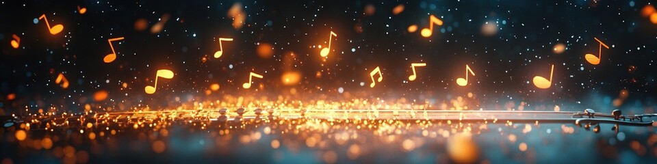 Magical musical notes glowing, dancing in night sky