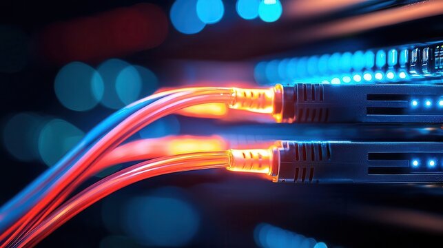 Network cables glowing within a server rack, vibrant tech imagery in a sleek industrial space