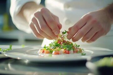 Chef garnishing dish with delicate herbs, culinary art