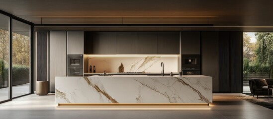Modern kitchen with elegant marble island and warm lighting.