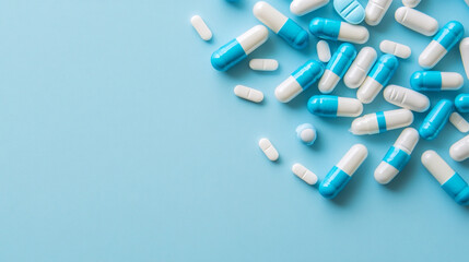 a pile of blue and white medical pills