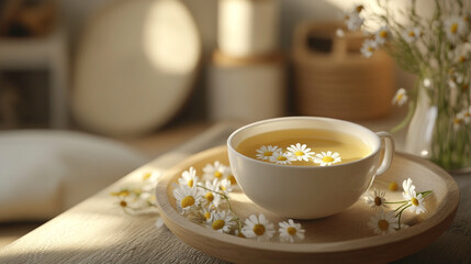Beautiful cup of tea with daisies arranged around it on a wooden table
