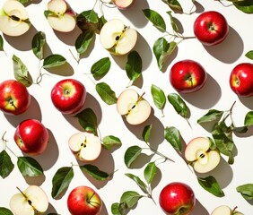 Obraz premium A flat lay of red apples and apple slices surrounded by green leaves.