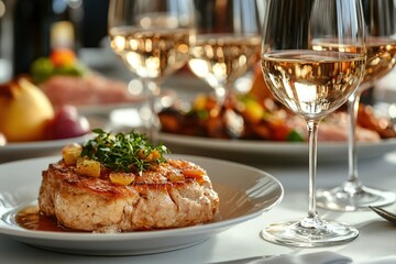 Gourmet pork chop with garnish and white wine