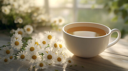 Relaxing moments with a cup of tea and fresh daisies in a sunlit setting