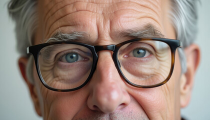 Close up of an older man's face  showing wrinkles and eyes behind glasses.