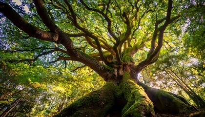 A low-angle perspective of Majestic Oak Tree in a Lush Forest, Revealing Nature's Grandeur and Tranquil Beauty
