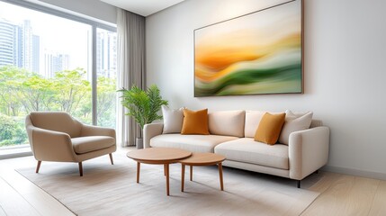 Fototapeta premium 1. A modern interior room design incorporates sleek lines, minimalistic furniture, and a neutral color palette to create a clean and sophisticated space that promotes a sense of calm and tranquility.
