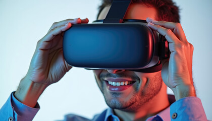 A man smiles while using a virtual reality headset  enjoying an immersive experience.
