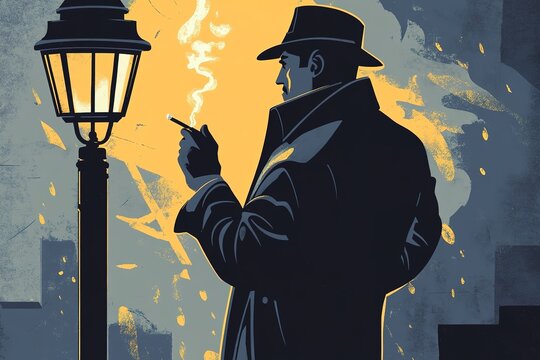 classic movie poster illustration of noir detective holding cigarette under flickering streetlamp