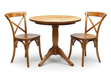 A wooden table with two chairs and a round table in the middle