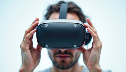 A man is using a virtual reality headset  experiencing immersive digital worlds.
