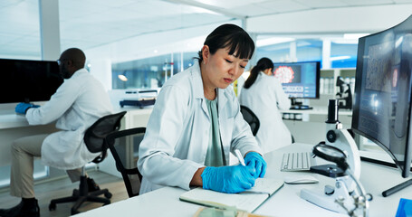 Doctor, woman and writing for research, notes and experiment results or medical information....