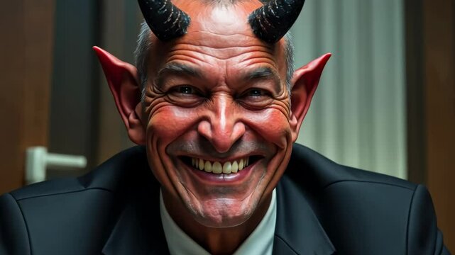 Businessman with devil horns shares a mischievous grin during an office meeting