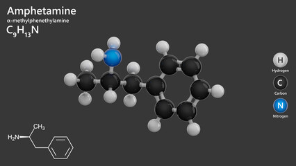 Molecule: Amphetamine. Stimulant. Drug. Molecular structure. Formula: C9H13N. Chemical model: Ball and stick. Gray background. 3D illustration