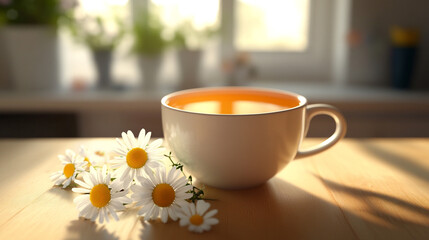Fototapeta premium Warm cup of herbal tea beside fresh daisies in a cozy kitchen setting