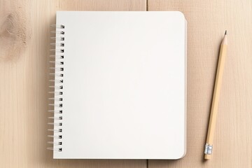 clean notebook mockup with blank cover placed on minimalist wooden desk with pencil nearby