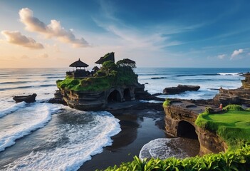 Landscape photo of the Tanah Lot Beach tourist attraction in Bali, an amazing destination to visit, located in Bali, Indonesia