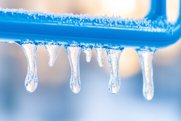 Close-up of icicles hanging from a blue metal railing, with a soft blurred background. The icicles...