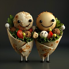 Adorable Wrap Characters with Fresh Ingredients and Falafel Balls