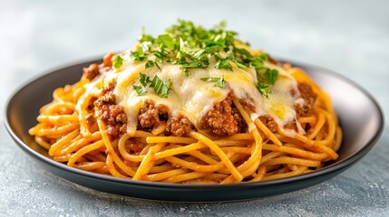 1. A hearty plate of al dente spaghetti topped with savory meat sauce and melted cheese, creating a mouthwatering combination of flavors and textures.