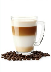 Delicious Layered Coffee Beverage in a Clear Glass Cup Surrounded by Fresh Coffee Beans, Perfect for Coffee Lovers and Café Enthusiasts