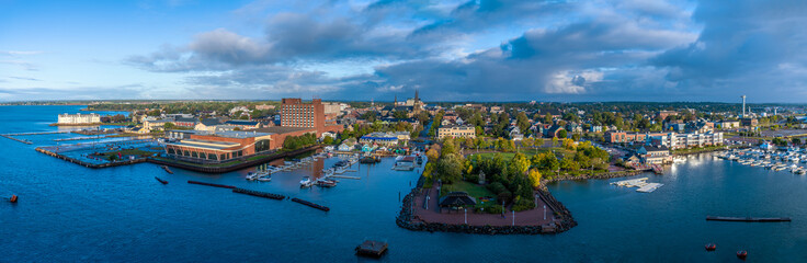 A panorama view in the morning from a ship over the town of Charlottetown, Prince Edward Island, Canada in the fall