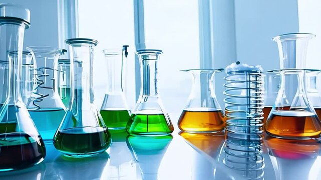 A chemistry lab with lots of glass flasks with different colored liquids.