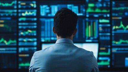 Businessman Engaged in Global Business Communication Through Digital Screen Displaying Financial