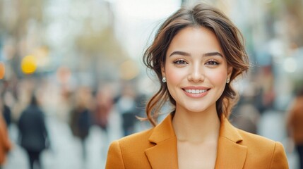 A confident, professional businesswoman with a warm smile stands on a bustling street, making eye contact with the camera as she exudes charisma and determination in her posture.