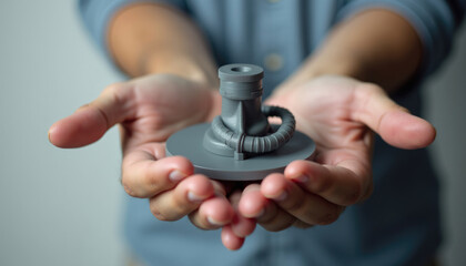 Hands gently hold a small  grey  3D printed object resembling industrial equipment.